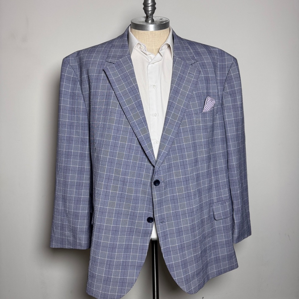 Oak Hill Blazer Mens 62R Blue Plaid Glen Check Two Button Sport Coat 5XL